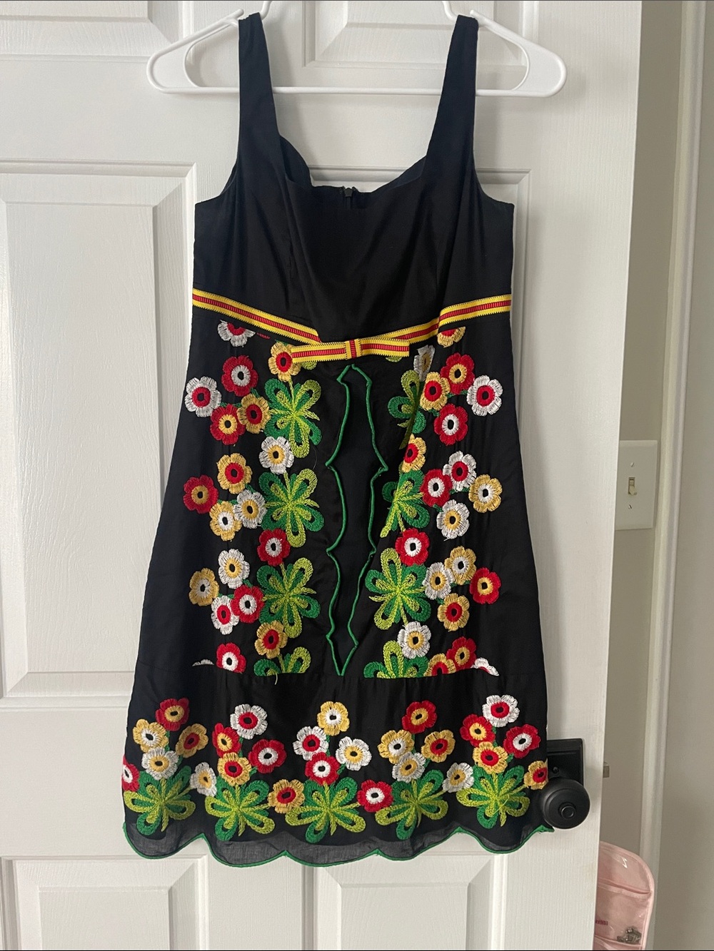 Anna Sui Black Dress with Red, Yellow, Green & White Floral Embroidery